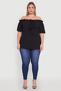 Womens Plus Size Stylish Off the Shoulder Tiered Sleeve Blouse, Black, Size 3X