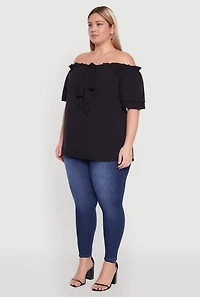 Womens Plus Size Stylish Off the Shoulder Tiered Sleeve Blouse, Black, Size 3X
