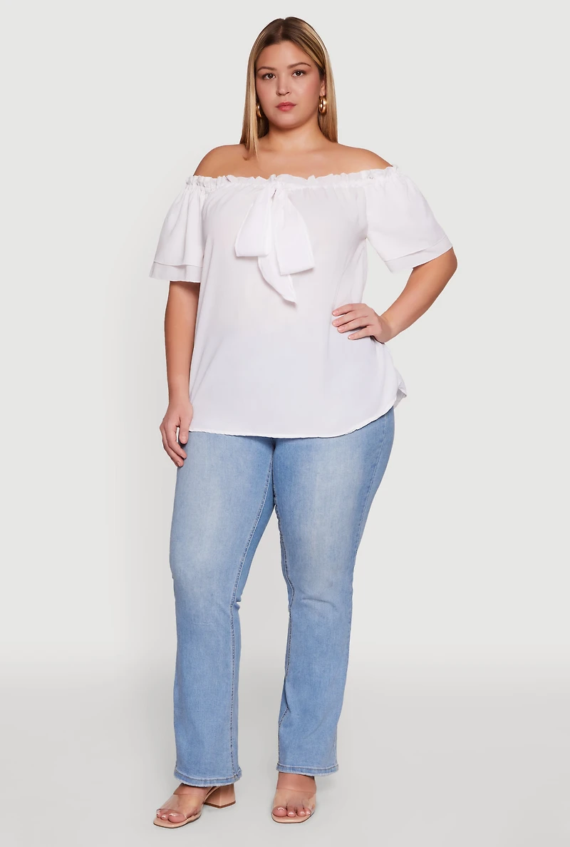 Womens Plus Size Stylish Off the Shoulder Tiered Sleeve Blouse, White, Size 1X