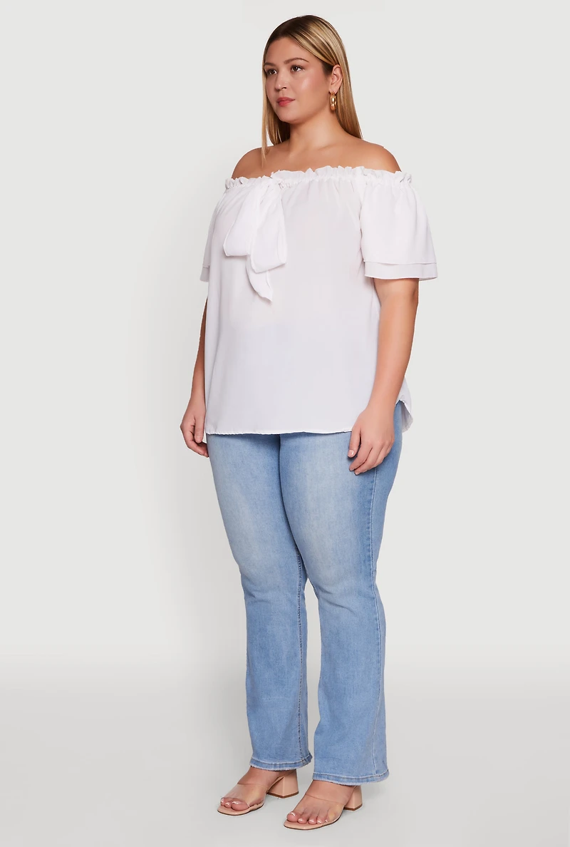 Womens Plus Size Stylish Off the Shoulder Tiered Sleeve Blouse, White, Size 1X