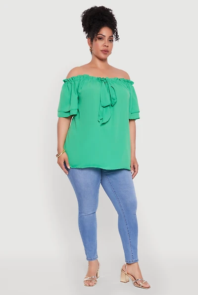Womens Plus Size Stylish Off the Shoulder Tiered Sleeve Blouse, Green, Size 2X