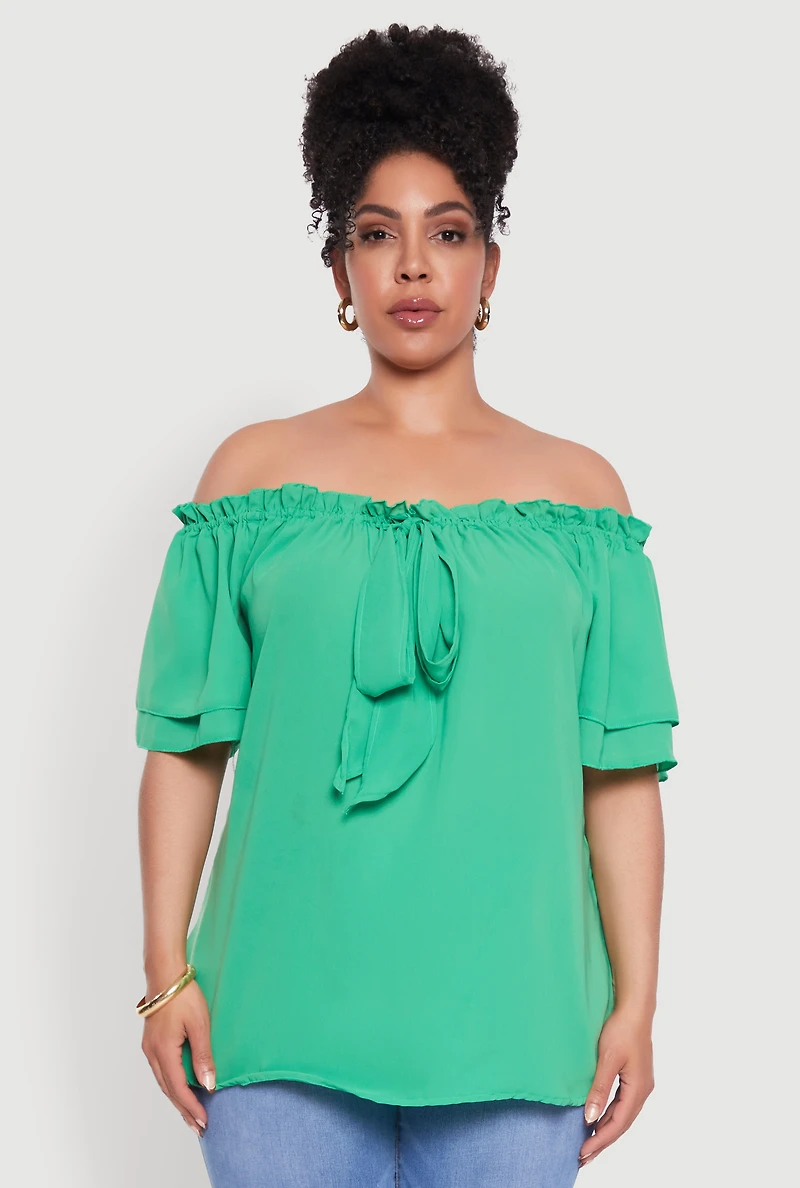 Womens Plus Size Stylish Off the Shoulder Tiered Sleeve Blouse, Green, Size 2X
