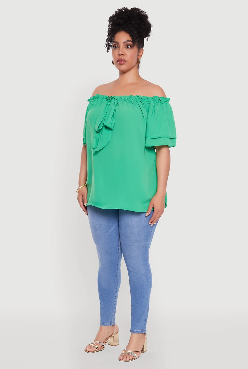 Womens Plus Size Stylish Off the Shoulder Tiered Sleeve Blouse, Green, Size 2X