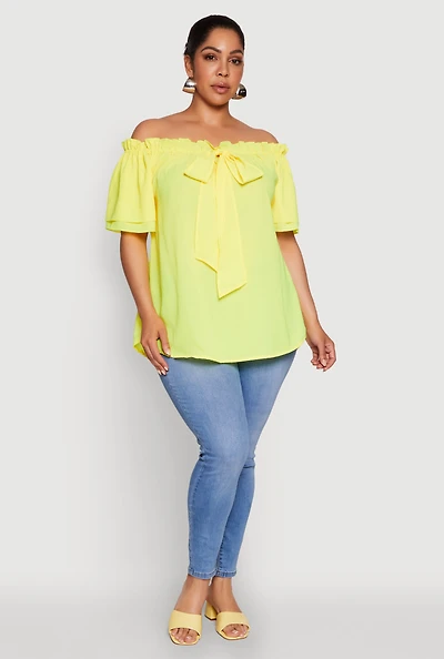 Womens Plus Size Stylish Off the Shoulder Tiered Sleeve Blouse, Yellow, Size 1X