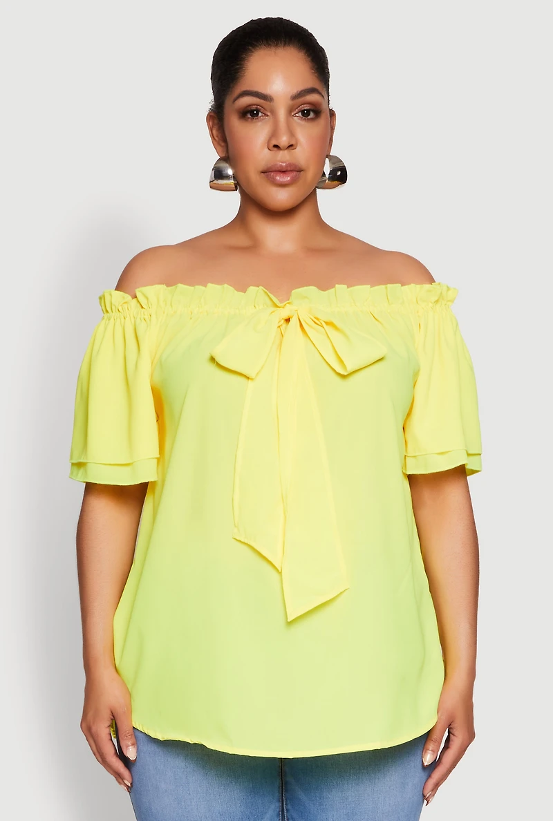 Womens Plus Size Stylish Off the Shoulder Tiered Sleeve Blouse, Yellow, Size 1X