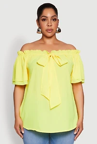 Womens Plus Size Stylish Off the Shoulder Tiered Sleeve Blouse, Yellow, Size 1X