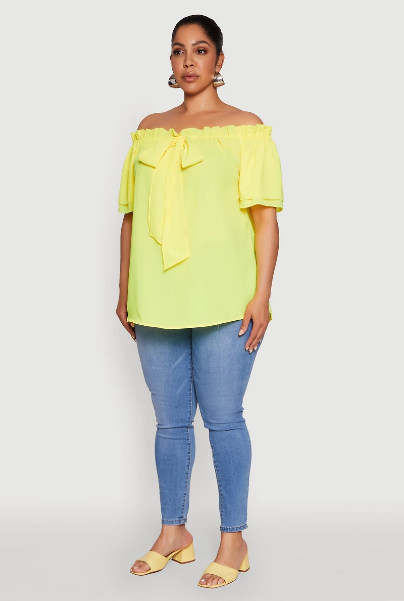Womens Plus Size Stylish Off the Shoulder Tiered Sleeve Blouse, Yellow, Size 1X
