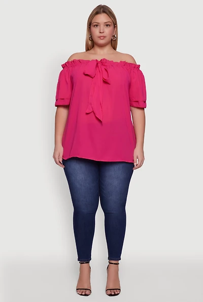 Womens Plus Size Stylish Off the Shoulder Tiered Sleeve Blouse, Pink, Size 2X