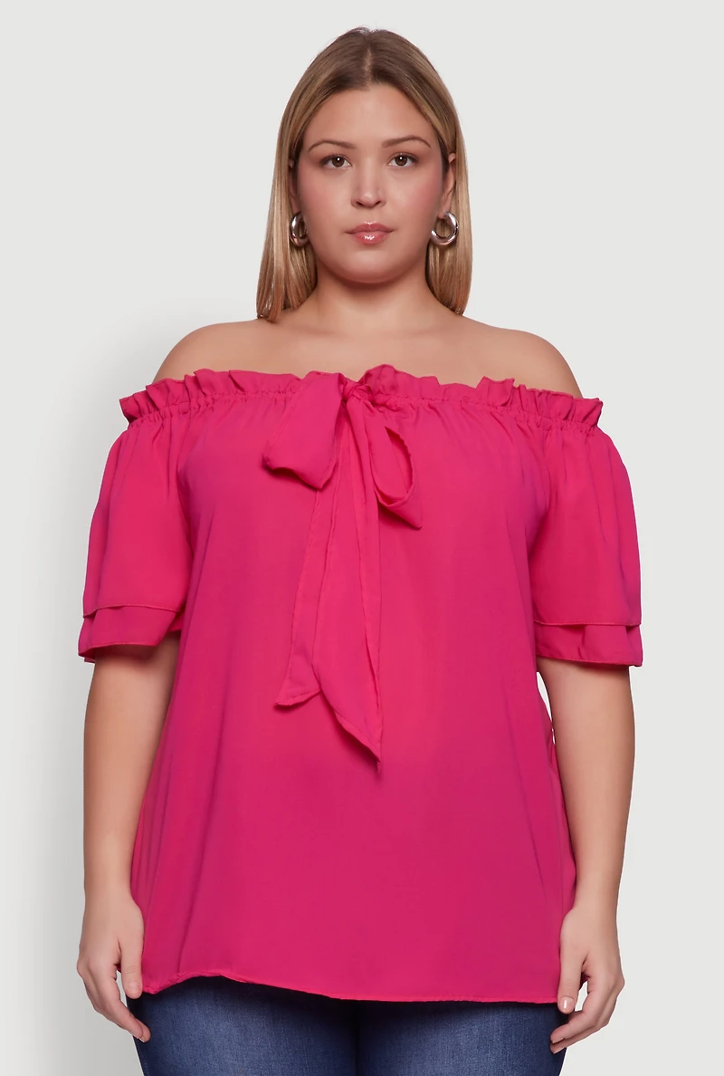 Womens Plus Size Stylish Off the Shoulder Tiered Sleeve Blouse, Pink, Size 2X