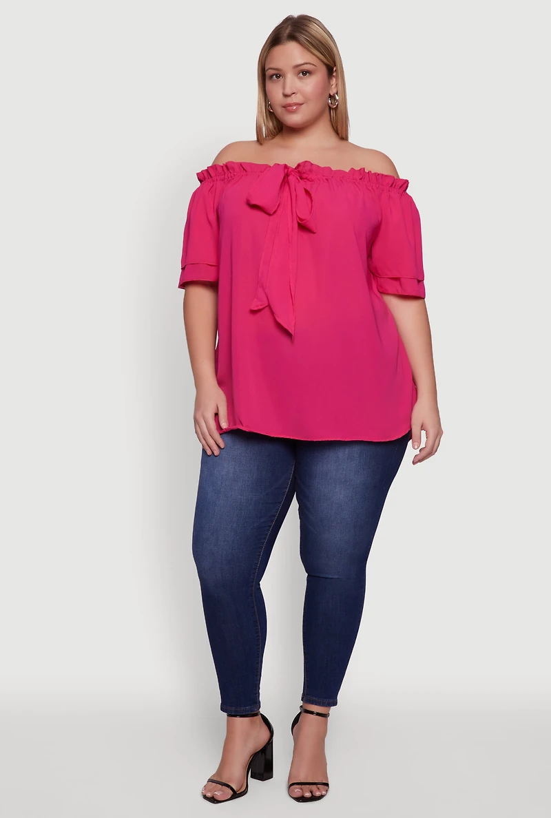 Womens Plus Size Stylish Off the Shoulder Tiered Sleeve Blouse, Pink, Size 2X