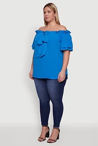 Womens Plus Size Stylish Off the Shoulder Tiered Sleeve Blouse, Blue, Size 1X