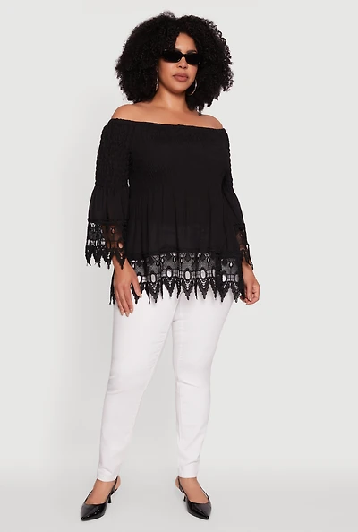 Womens Plus Size Crochet Trim Off Shoulder Bell Sleeve Blouse, Black, Size 2X