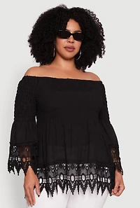 Womens Plus Size Crochet Trim Off Shoulder Bell Sleeve Blouse, Black, Size 2X