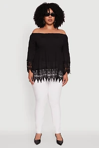 Womens Plus Size Crochet Trim Off Shoulder Bell Sleeve Blouse, Black, Size 2X