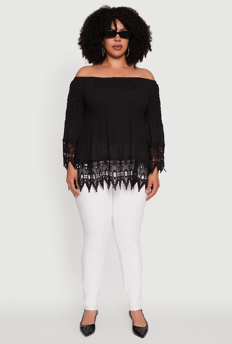 Womens Plus Size Crochet Trim Off Shoulder Bell Sleeve Blouse, Black, Size 1X