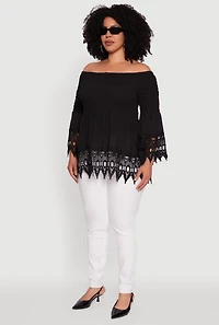 Womens Plus Size Crochet Trim Off Shoulder Bell Sleeve Blouse, Black, Size 2X