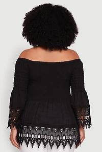 Womens Plus Size Crochet Trim Off Shoulder Bell Sleeve Blouse, Black, Size 2X