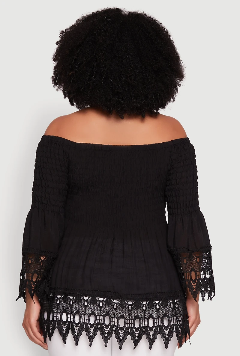 Womens Plus Size Crochet Trim Off Shoulder Bell Sleeve Blouse, Black, Size 2X