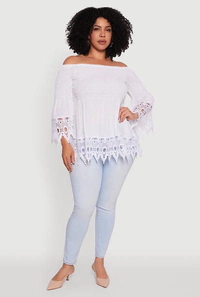 Womens Plus Size Crochet Trim Off Shoulder Bell Sleeve Blouse, White, Size 2X
