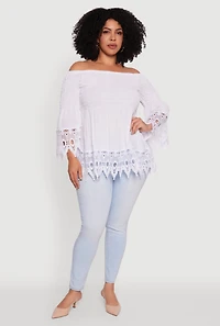 Womens Plus Size Crochet Trim Off Shoulder Bell Sleeve Blouse, White, Size 2X