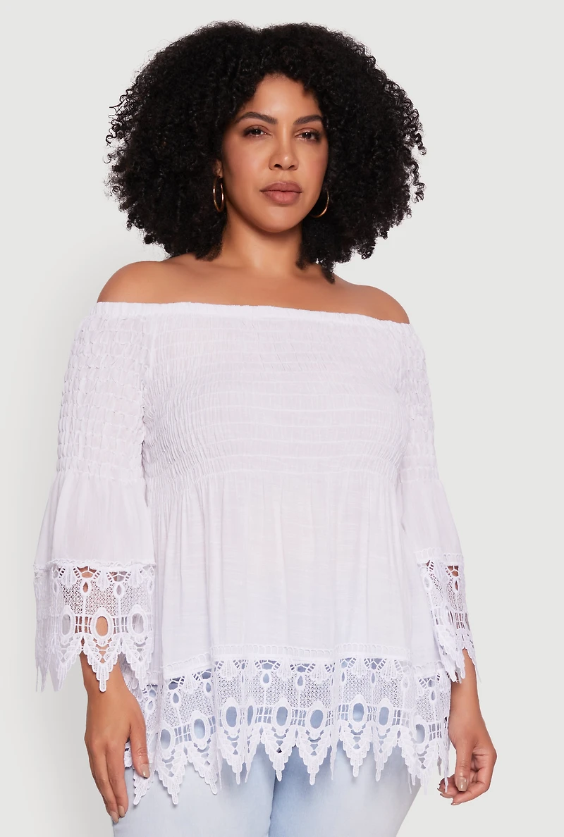 Womens Plus Size Crochet Trim Off Shoulder Bell Sleeve Blouse, White, Size 2X