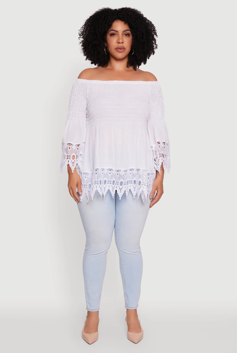 Womens Plus Size Crochet Trim Off Shoulder Bell Sleeve Blouse, White, Size 2X