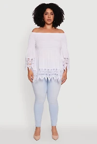 Womens Plus Size Crochet Trim Off Shoulder Bell Sleeve Blouse, White, Size 2X