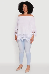 Womens Plus Size Crochet Trim Off Shoulder Bell Sleeve Blouse, White, Size 2X