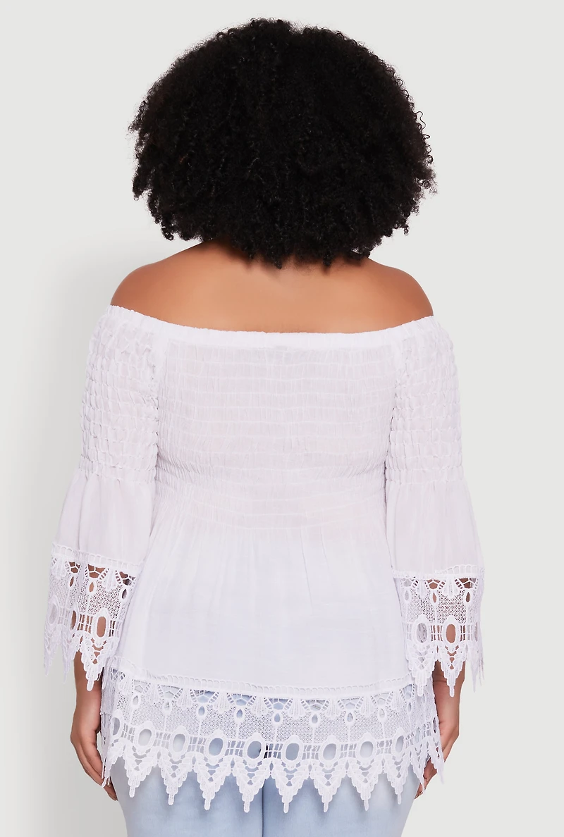 Womens Plus Size Crochet Trim Off Shoulder Bell Sleeve Blouse, White, Size 2X