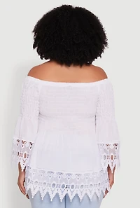 Womens Plus Size Crochet Trim Off Shoulder Bell Sleeve Blouse, White, Size 2X