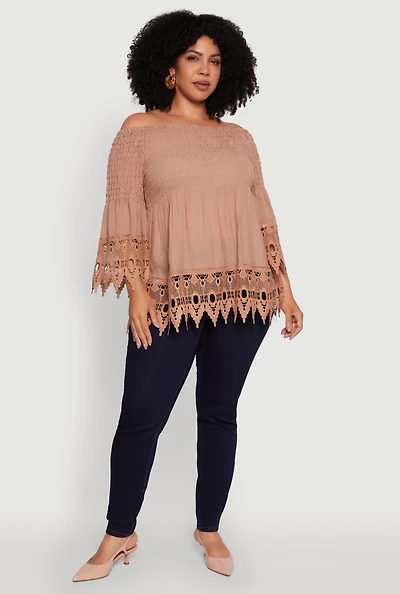 Womens Plus Crochet Trim Off Shoulder Bell Sleeve Blouse, 1X