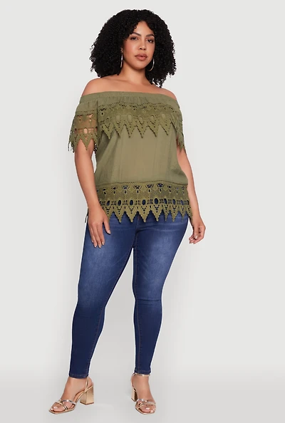Womens Plus Crochet Trim Off the Shoulder Blouse, Green,