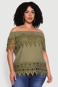 Womens Plus Crochet Trim Off the Shoulder Blouse, Green,