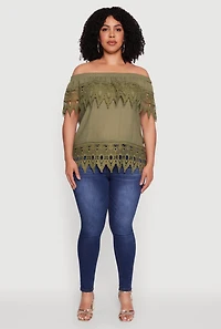 Womens Plus Crochet Trim Off the Shoulder Blouse, Green,