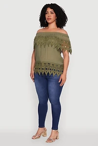 Womens Plus Crochet Trim Off the Shoulder Blouse, Green,