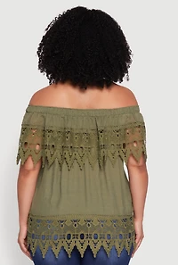 Womens Plus Crochet Trim Off the Shoulder Blouse, Green,