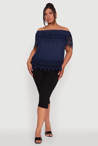 Womens Plus Size Crochet Trim Off the Shoulder Blouse, Blue, Size 1X