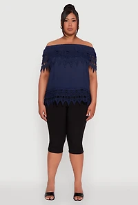 Womens Plus Size Crochet Trim Off the Shoulder Blouse, Blue, Size 1X
