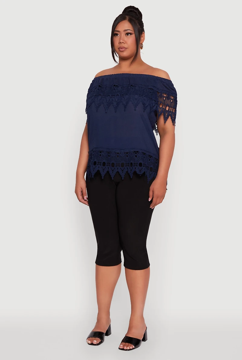 Womens Plus Size Crochet Trim Off the Shoulder Blouse, Blue, Size 1X