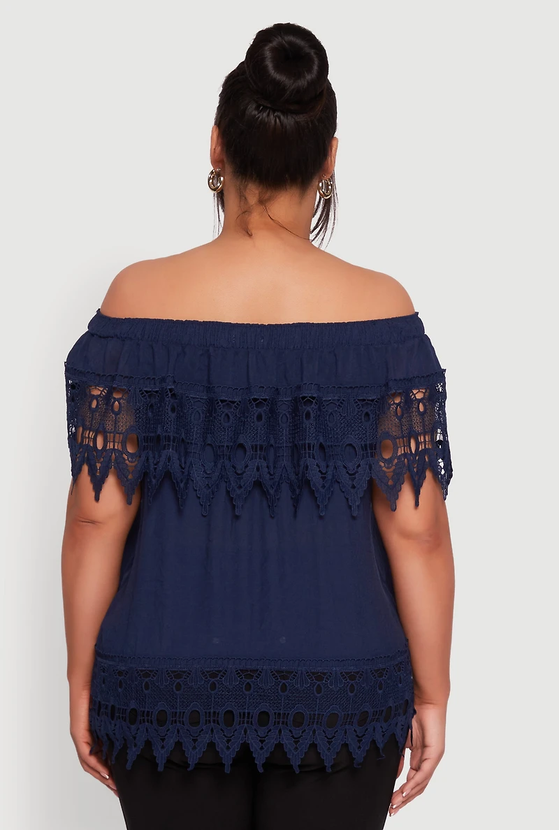 Womens Plus Crochet Trim Off the Shoulder Blouse,