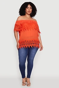 Womens Plus Crochet Trim Off the Shoulder Blouse, 1X