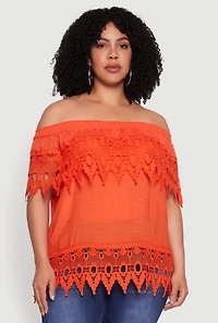Womens Plus Crochet Trim Off the Shoulder Blouse, 1X