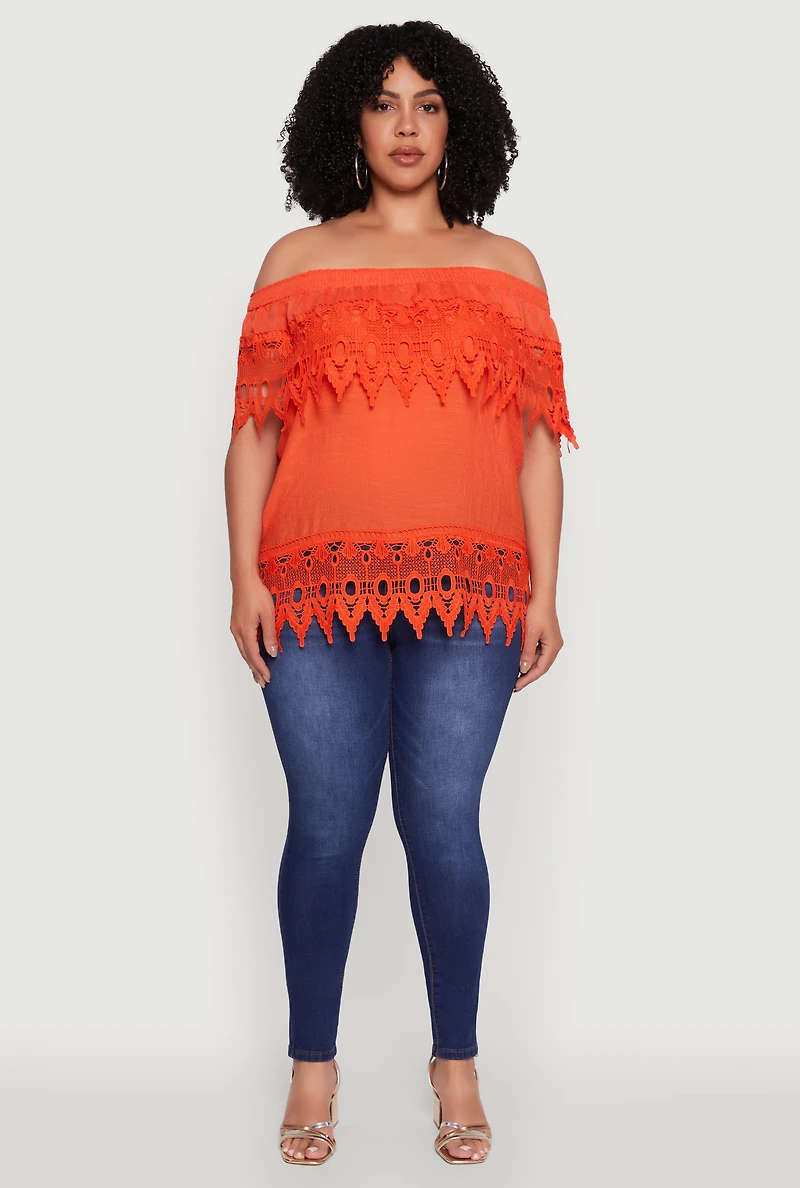 Womens Plus Crochet Trim Off the Shoulder Blouse,