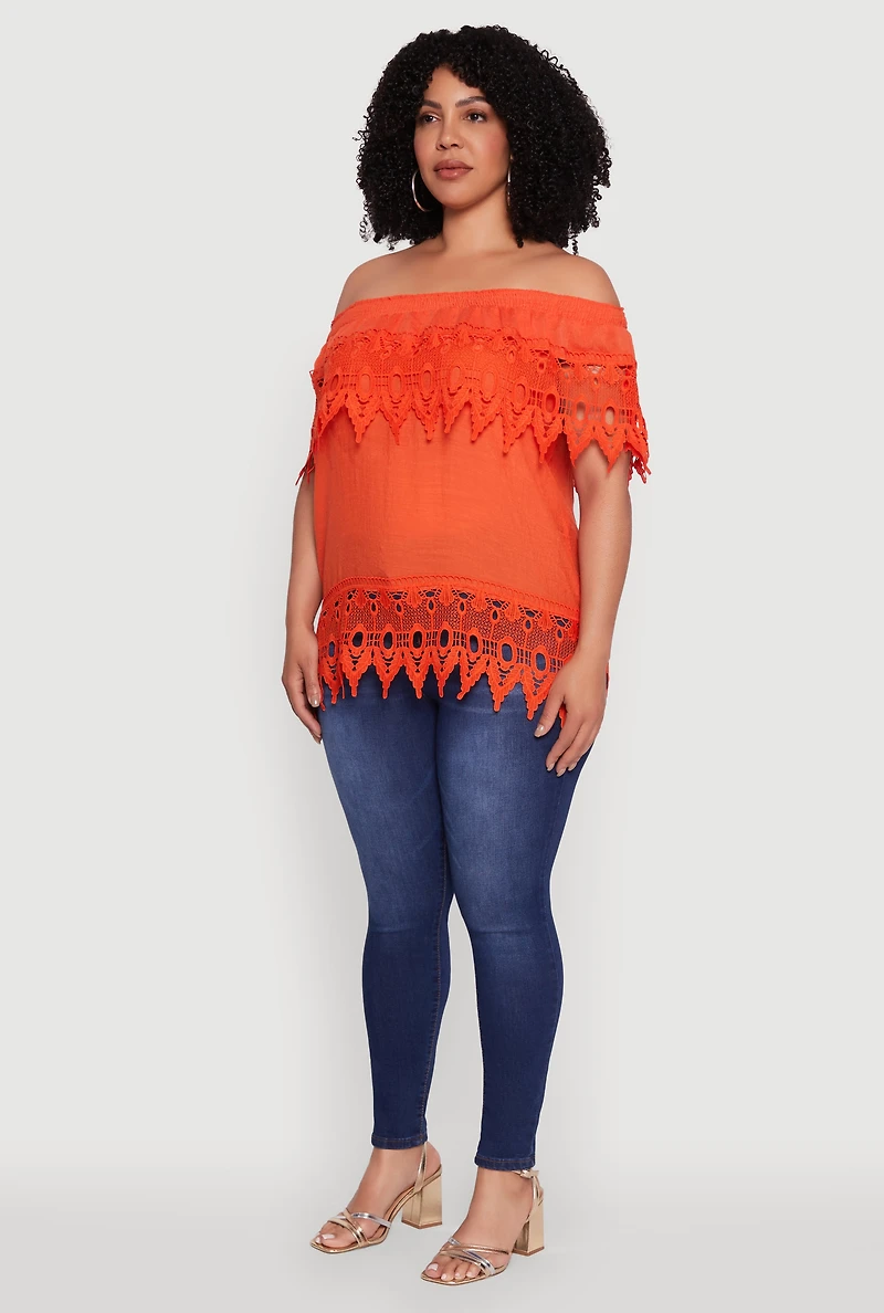 Womens Plus Crochet Trim Off the Shoulder Blouse,