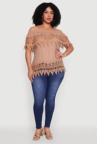 Womens Plus Size Crochet Trim Off the Shoulder Blouse, Brown, Size 2X