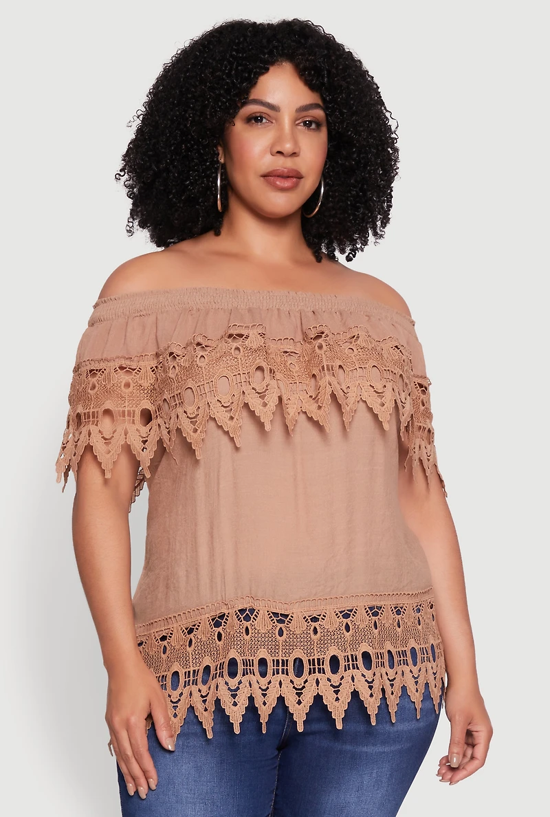 Womens Plus Size Crochet Trim Off the Shoulder Blouse, Brown, Size 2X