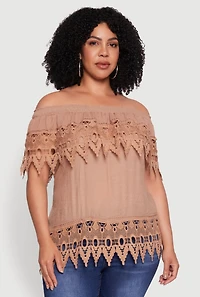 Womens Plus Size Crochet Trim Off the Shoulder Blouse, Brown, Size 2X