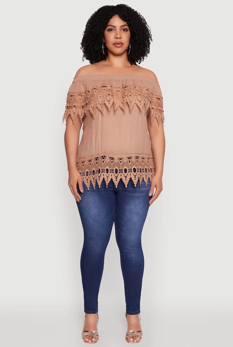 Womens Plus Size Crochet Trim Off the Shoulder Blouse, Brown, Size 2X