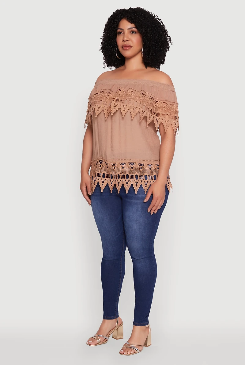 Womens Plus Size Crochet Trim Off the Shoulder Blouse, Brown, Size 2X