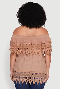 Womens Plus Size Crochet Trim Off the Shoulder Blouse, Brown, Size 2X